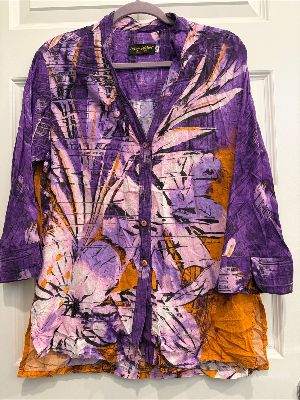 Vintage Jams World Purple Floral Button-Front Tunic with Orange Accents